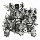 3 baby tigers and 1 adult tiger with floral background tattoo design idea