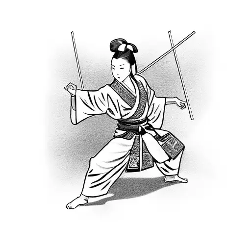 A graceful yet  beautiful samurai woman practicing martial arts in a serene garden tattoo design idea