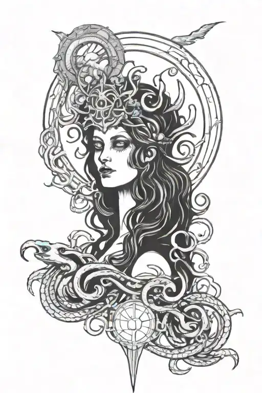 Hecate is a three-faced goddess of the three-phase moon with snakes, a key and a dagger, with long hair, a crescent moon tattoo design idea