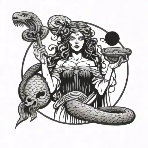 Hecate the triple goddess holding a snake, key under a full moon tattoo design idea