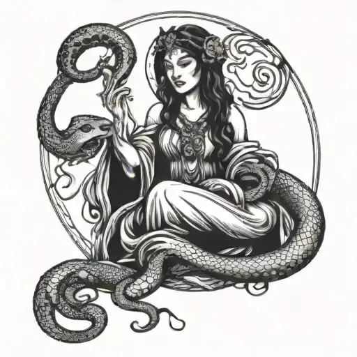 A mystical scene of Hecate the triple goddess holding a snake under a full moon tattoo design idea