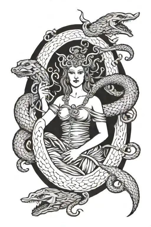Hecate is a three-faced goddess of the young, mature and elderly three-phase moon with snakes, a key and a dagger, with  tattoo design idea