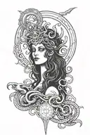 Hecate is a three-faced goddess of the three-phase moon with snakes, a key and a dagger, with long hair, a crescent moon tattoo design idea