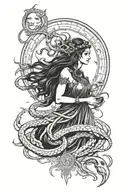 Hecate is a three-faced goddess of the three-phase moon with snakes, a key and a dagger, with long hair, a crescent moon tattoo design idea