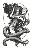 A mystical scene of Hecate the triple goddess holding a snake under a full moon tattoo design idea