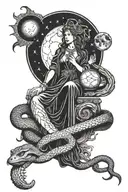 A mystical scene of Hecate the triple goddess holding a snake under a full moon tattoo design idea