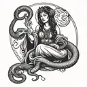 A mystical scene of Hecate the triple goddess holding a snake under a full moon tattoo design idea