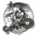A mystical scene of Hecate the triple goddess holding a snake under a full moon tattoo design idea