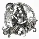 A mystical scene of Hecate the triple goddess holding a snake under a full moon tattoo design idea