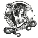 A mystical scene of Hecate the triple goddess holding a snake under a full moon tattoo design idea