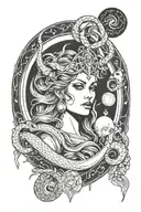 Hecate is a three-faced goddess of the young, mature and elderly three-phase moon with snakes, a key and a dagger, with  tattoo design idea
