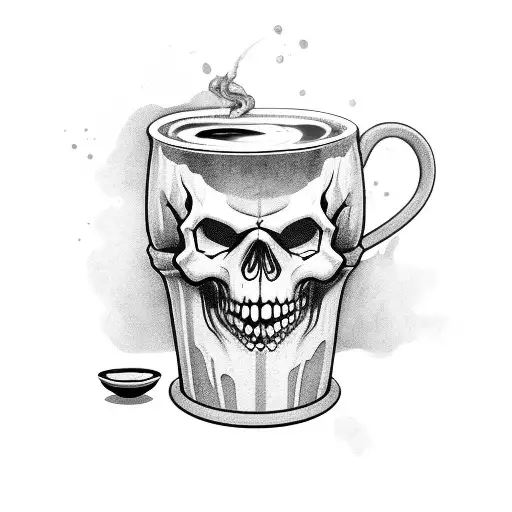 Grunge-inspired skull with a coffee cup in its mouth tattoo design idea