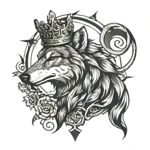 wolf, crown and an unk symbol surrounded tattoo design idea