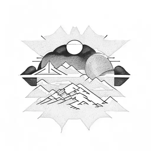 A cross nestled among mountain peaks with sun rays breaking through the clouds tattoo design idea