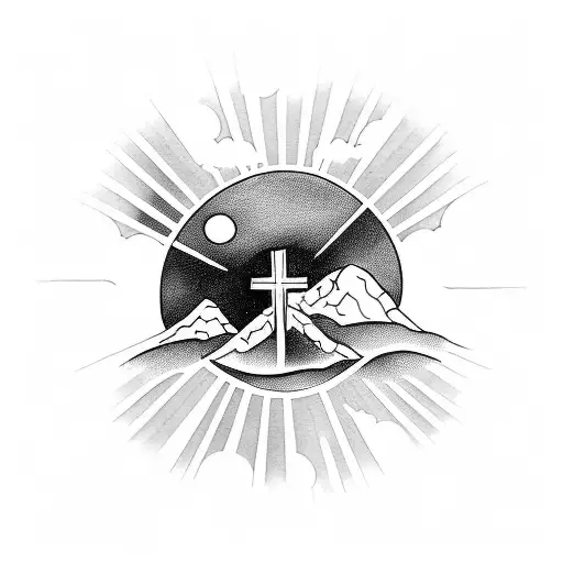 A cross nestled among mountain peaks with sun rays breaking through the clouds tattoo design idea