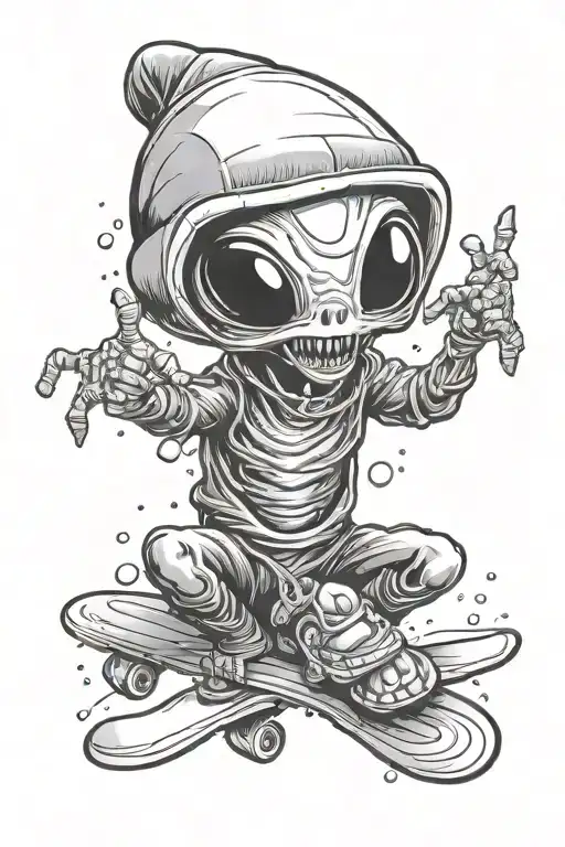alien with a beanie on a snow board tattoo design idea