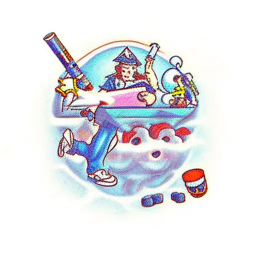 A whimsical scene of a gamer smoking weed while surrounded by characters from beloved games tattoo design idea