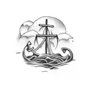 Anchor with rope in the sea wrapped around a palm tree as a tattoo tattoo design idea