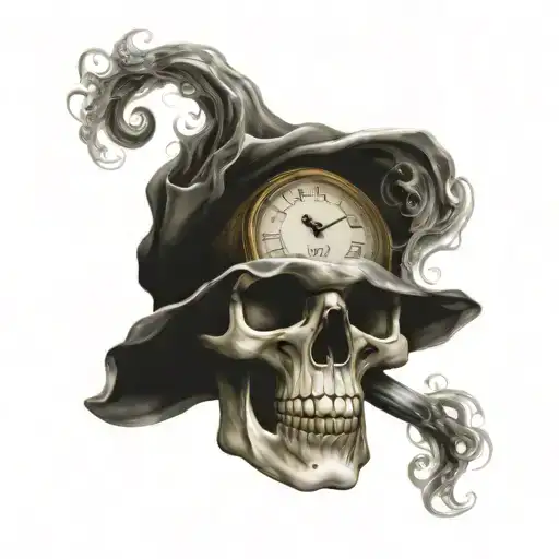 skull with smoke and clock  tattoo design idea