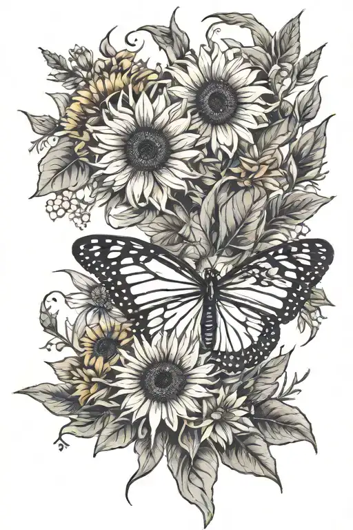 sunflowers and monarch butterfly with wildflowers tattoo design idea