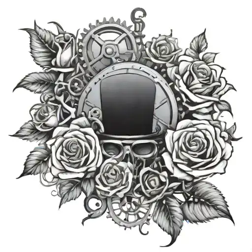 steampunk style mechanism overgrown with roses blooming tattoo design idea