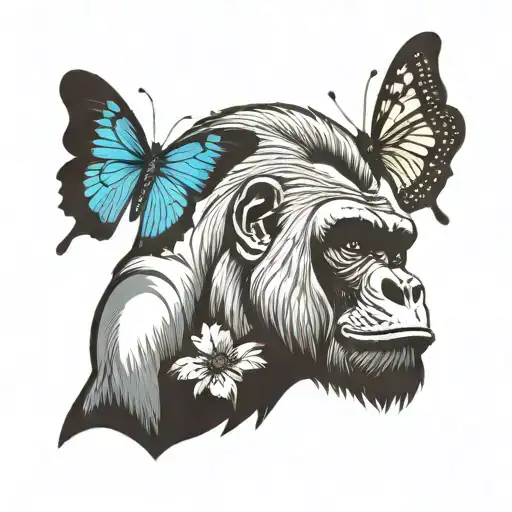 silverback gorilla with a butterfly on its noise with a wolf in the background tattoo design idea