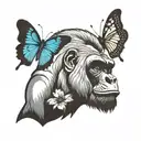 silverback gorilla with a butterfly on its noise with a wolf in the background tattoo design idea