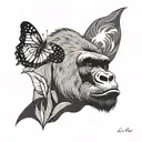 silverback gorilla with a butterfly on its noise with a wolf in the background tattoo design idea