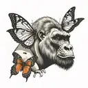 silverback gorilla with a butterfly on its noise with a wolf in the background tattoo design idea