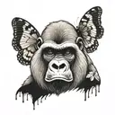 silverback gorilla with a butterfly on its noise with a wolf in the background tattoo design idea