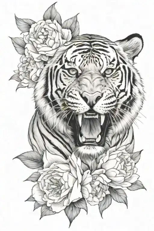 half woman half tiger, peonies tattoo design idea