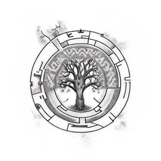 Labyrinth with a realistic heart with scars, a tree with safari animals, 4 angels, 2 angel babies, tear drops, dream cat tattoo design idea