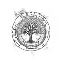 Labyrinth with a realistic heart with scars, a tree with safari animals, 4 angels, 2 angel babies, tear drops, dream cat tattoo design idea