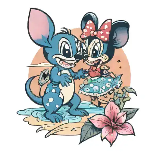 Minnie and stitch on the beach at dawn tattoo design idea