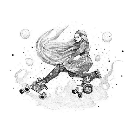 A fashionable roller skater gracefully gliding on a colorful patterned floor tattoo design idea