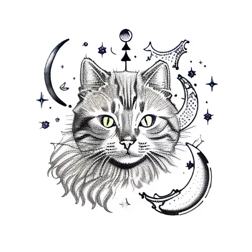cat on crescent moon with leo constellation tattoo design idea