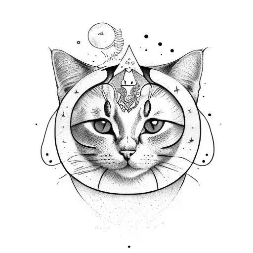 cat on crescent moon with leo constellation tattoo design idea