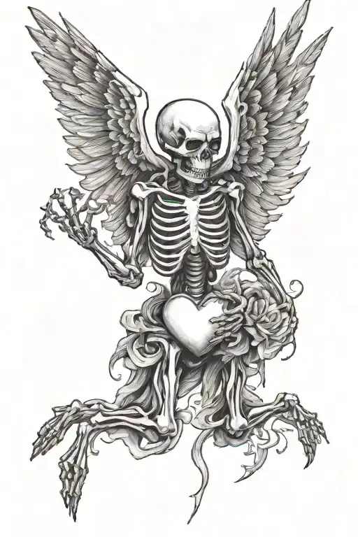 flying  skeleton with wings holding heart in both hands holding a heart tattoo design idea