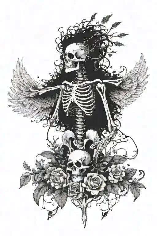 flying skeleton with plants growing out of it with wings holding heart in both hands tattoo design idea