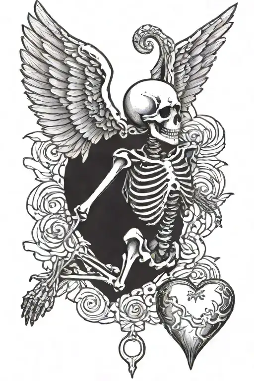 flying  skeleton with wings holding heart in both hands holding a heart tattoo design idea