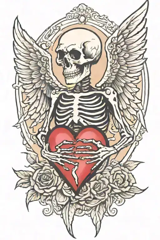 skeleton with wings holding heart in both hands holding a heart tattoo design idea