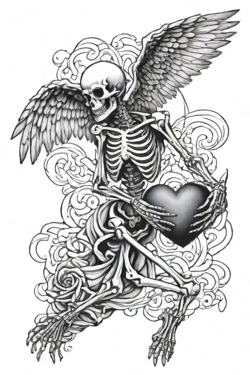 flying  skeleton with wings holding heart in both hands holding a hear tattoo design idea