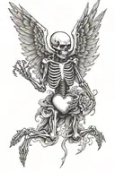 flying  skeleton with wings holding heart in both hands holding a heart tattoo design idea