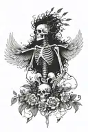 flying skeleton with plants growing out of it with wings holding heart in both hands tattoo design idea