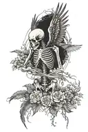 flying skeleton with plants growing out of it with wings holding heart in both hands tattoo design idea