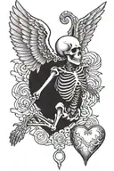 flying  skeleton with wings holding heart in both hands holding a heart tattoo design idea