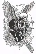 flying  skeleton with wings holding heart in both hands holding a heart tattoo design idea