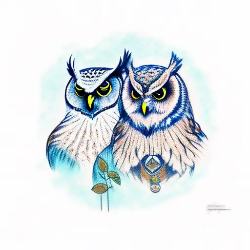 owl with blue-green eyes and bear walking in the forest tattoo design idea