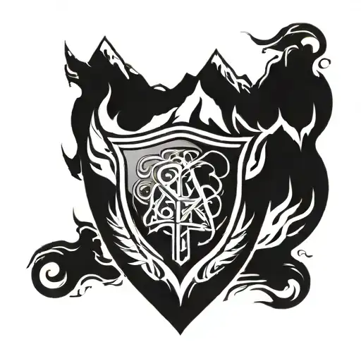 a shield with a mountain on it on fire tattoo design idea
