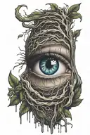 eye cursed with tears flowing into roots tattoo design idea